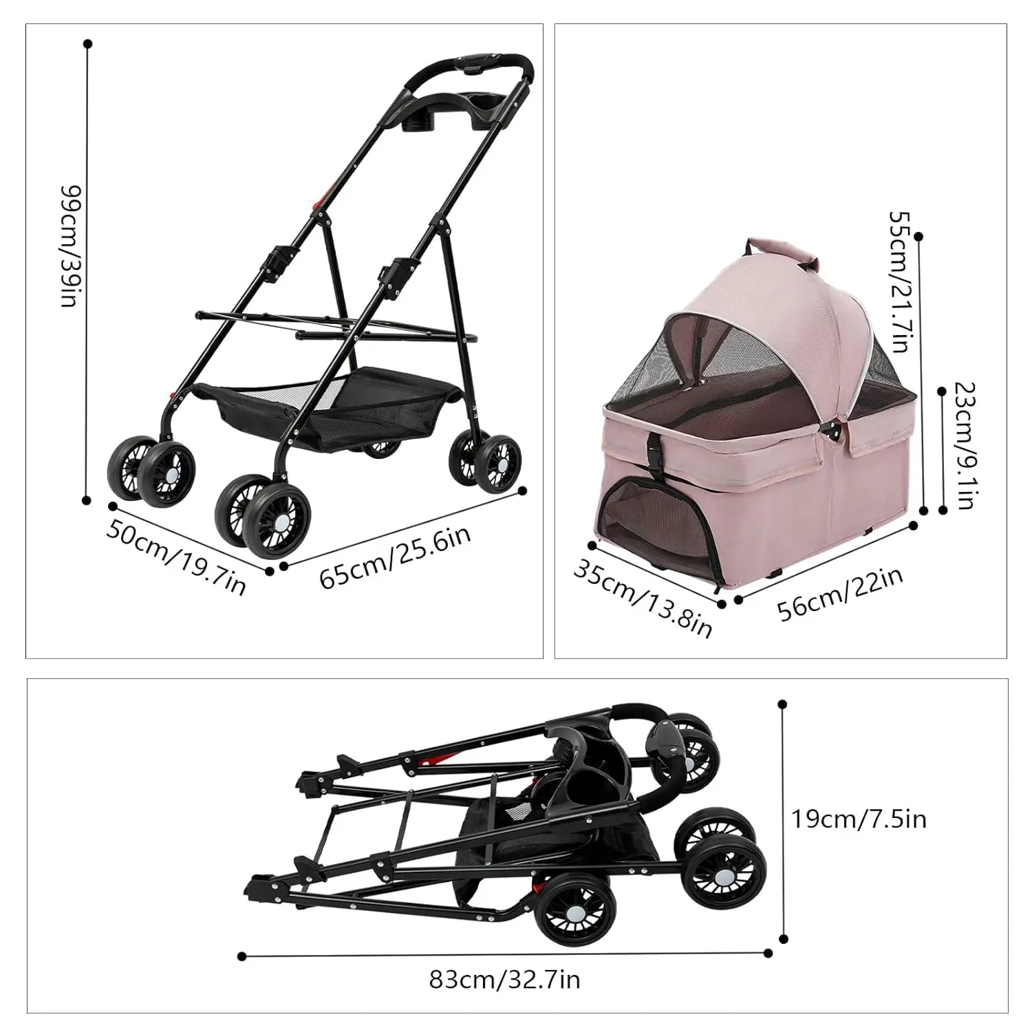 4-Wheel Foldable Pet Travel Stroller Carrier