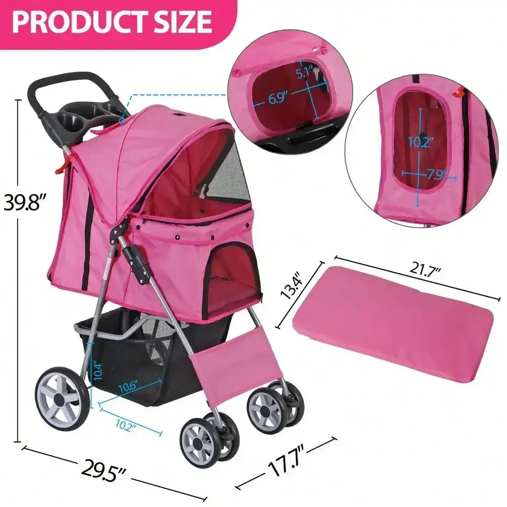 Pink 4-Wheel Foldable Pet Stroller for Cats & Dogs with Basket