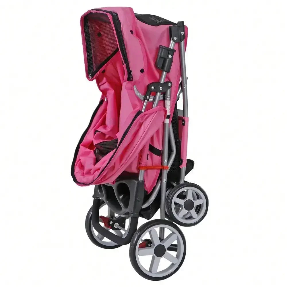 Pink 4-Wheel Foldable Pet Stroller for Cats & Dogs with Basket