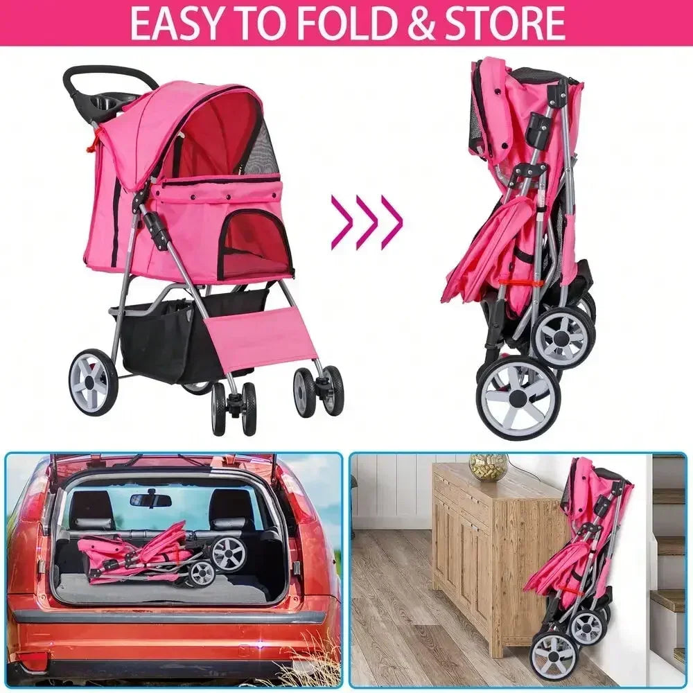 Pink 4-Wheel Foldable Pet Stroller for Cats & Dogs with Basket