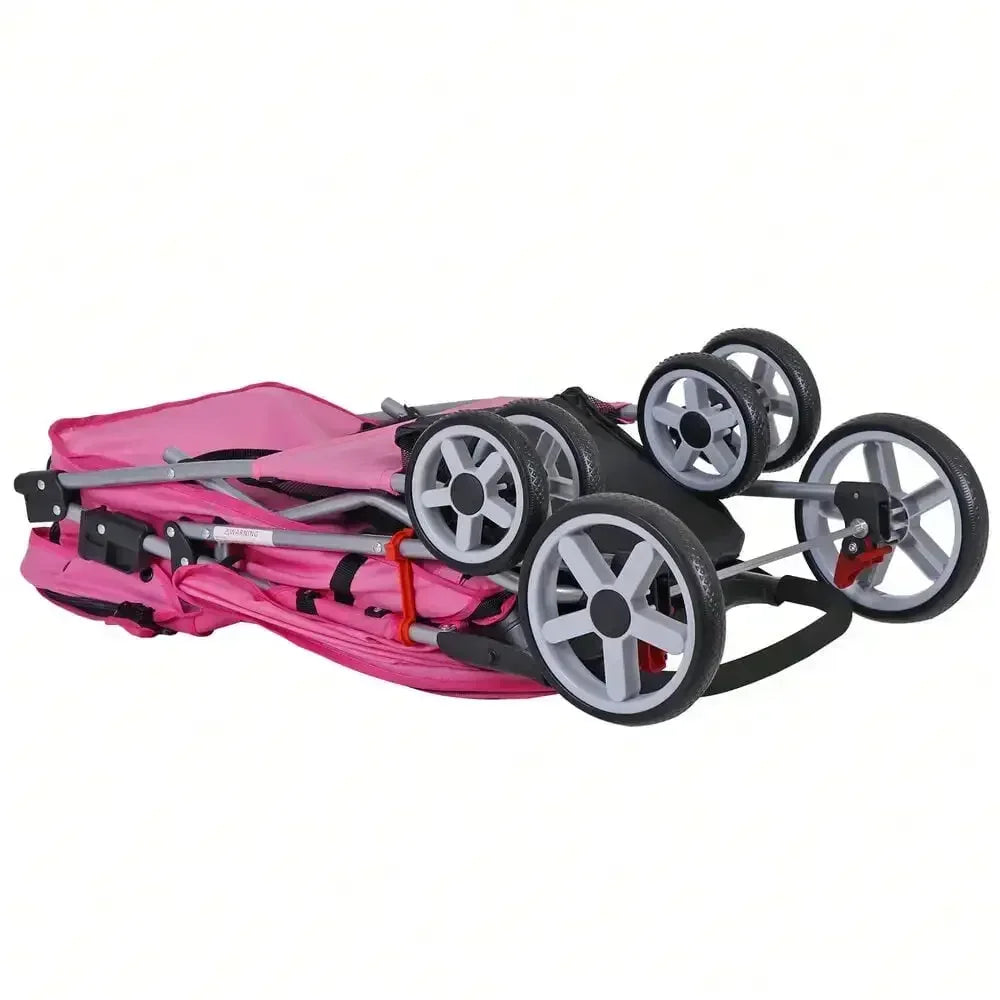 Pink 4-Wheel Foldable Pet Stroller for Cats & Dogs with Basket