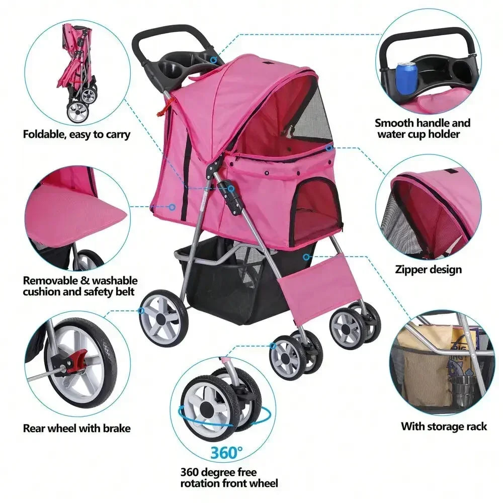 Pink 4-Wheel Foldable Pet Stroller for Cats & Dogs with Basket