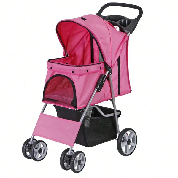 Pink 4-Wheel Foldable Pet Stroller for Cats & Dogs with Basket