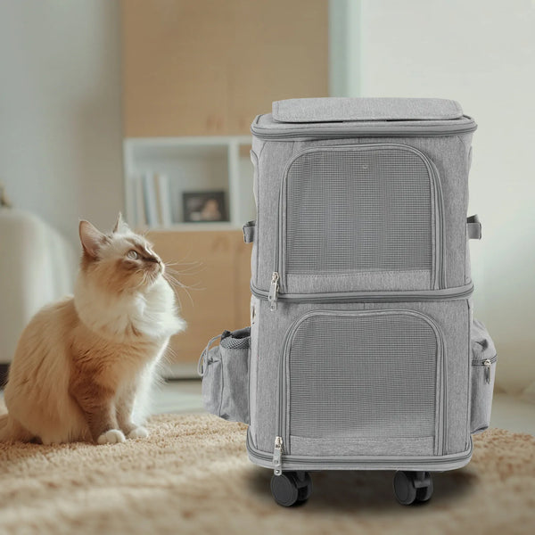 Double-Compartment Cat Carrier with Wheels